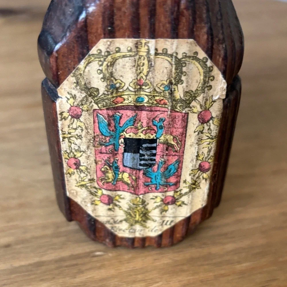 Vintage Wooden Hand Carved Bottle Taper Candle Holder w/Crest Accent 5.85
